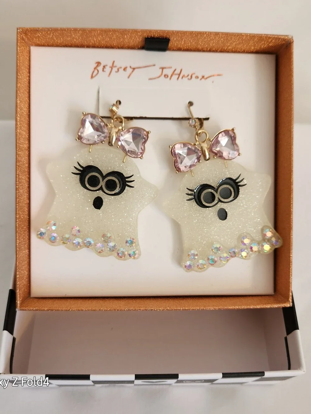 Betsey Johnson Pink Crystal Bow Ghost Drop Earrings